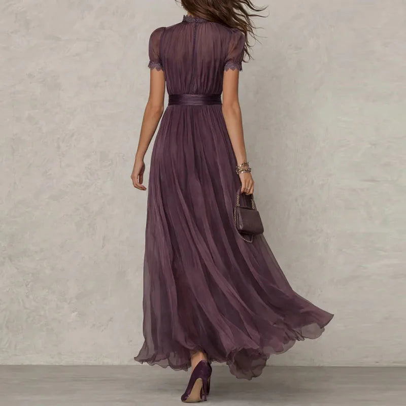 Spring Vintage Solid Lace A-Line Long Dress Women's O Neck High Waist Pleated Party Dress Summer Short Sleeve Flowy Maxi Dresses