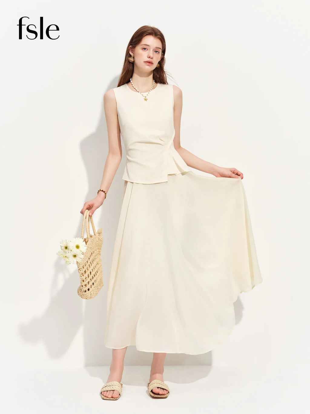 FSLE 2026 Summer Women‘s Mock Two-Piece Sleeveless Midi Dress High Waist Crew Neck Slimming A-Line Effortless Chic Office Style