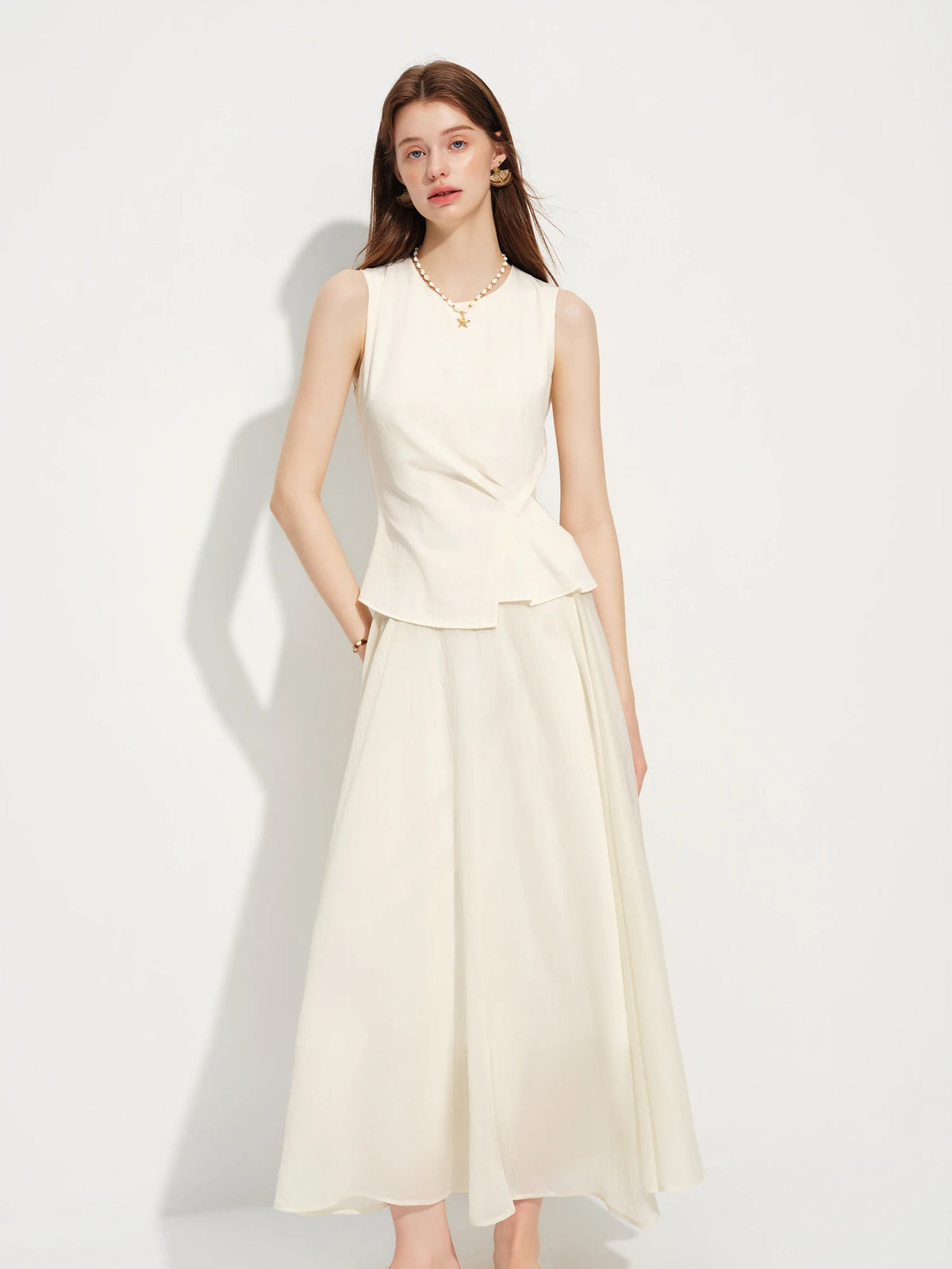 FSLE 2026 Summer Women‘s Mock Two-Piece Sleeveless Midi Dress High Waist Crew Neck Slimming A-Line Effortless Chic Office Style